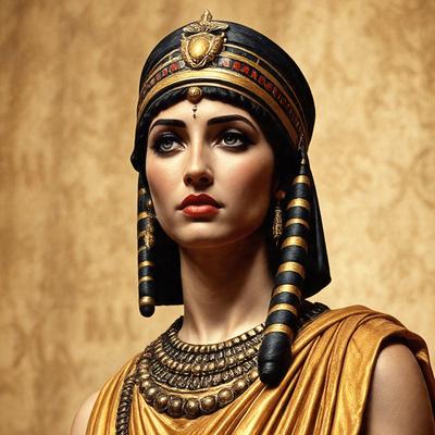 The primary subject of the image is a woman wearing a gold headdress and a gold dress. She is standing in front of a gold background, which adds to the overall visual style of the image. The woman's attire and the gold background create a sense of luxury and elegance, giving the image a sophisticated and regal atmosphere.